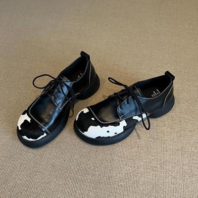 Версия из овчины~ большая голова и маленькие кожаные туфли женские ретро коровья кожа вставная платформа лоферы на шнуровке толстый каблук с глубоким вырезом одинарные туфли женские