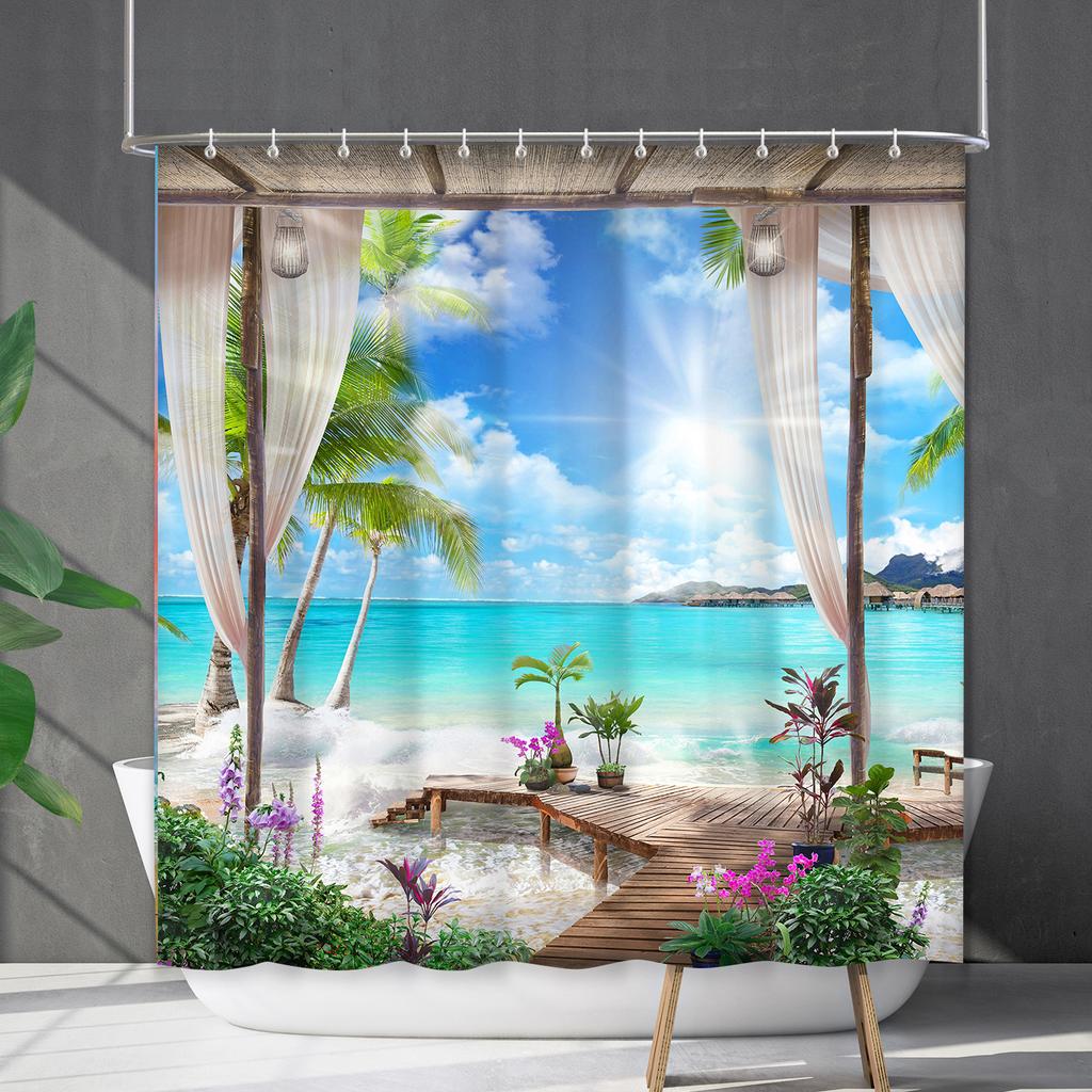 Shower Curtain Waterproof And Mildew-Proof Coconut Tree Beach Beach Bathroom Shower Curtain Shower Curtain Partition Curtain Free Punching