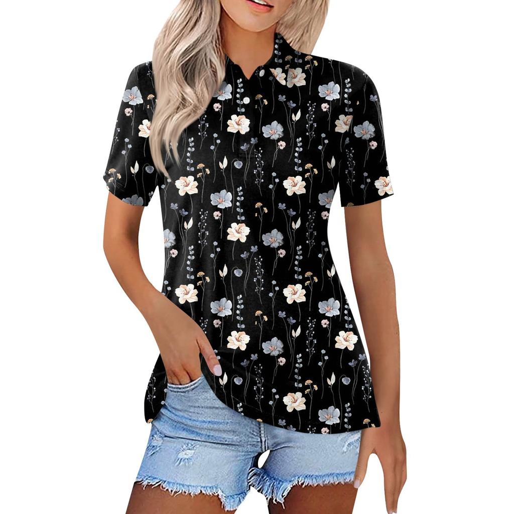 Женская модная повседневная рубашка с отворотом и коротким рукавом с цветочным принтом, женские топы на пуговицах