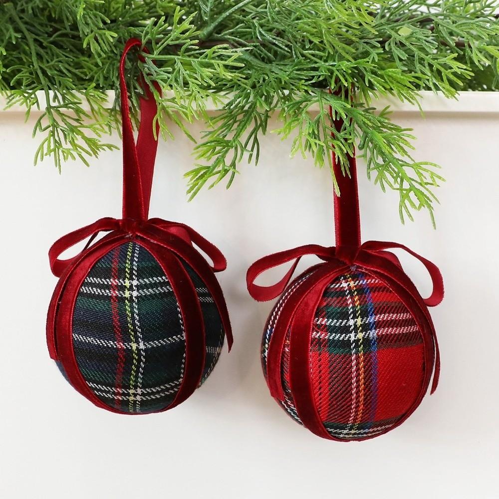 with Ribbon Bow Foam Christmas Ball Tartan Check Xmas Tree Hanging Decor Holiday Festive