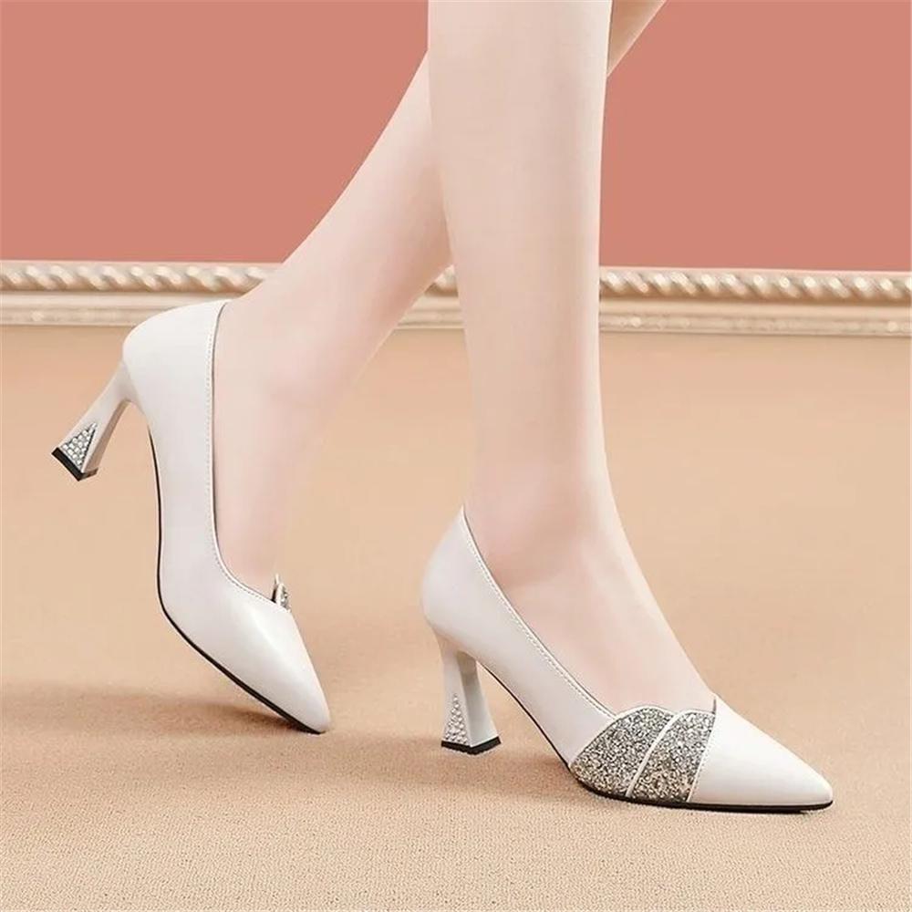 Sapatos Femininas Women Fashion White Crystal High Quality Spring Slip On Square Heel Pumps Lady Classic Shoes Ab658