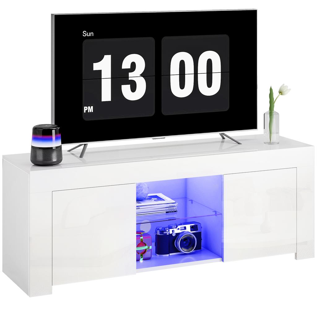 TV Cabinet With LED Lighting 2 Cabinet Doors Glass Shelf Cable Holes For Living Room Particle Board White