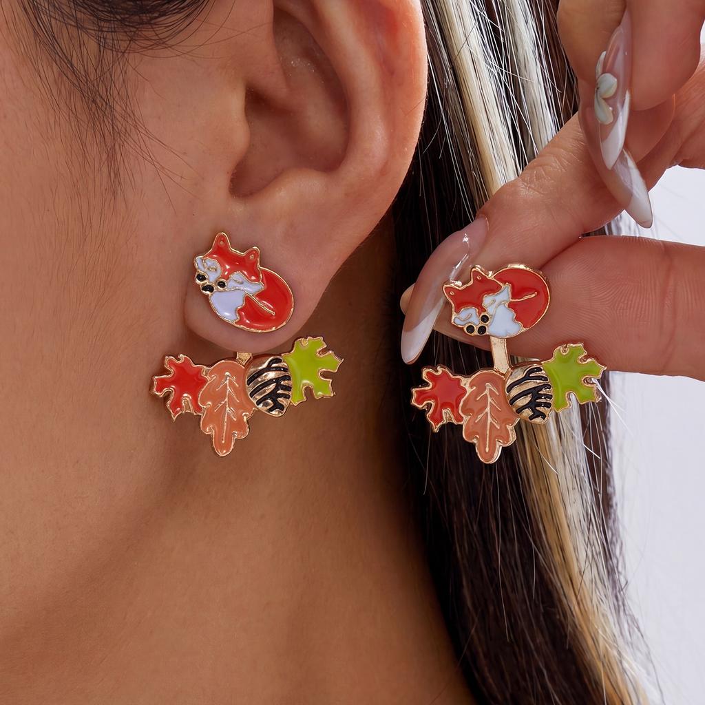 Cute Autumn Fox Drop Earrings for Women Y2K Orange Green Leaf Gold Color Enamel Animal Stud Earrings Fall Party Jewelry Gift