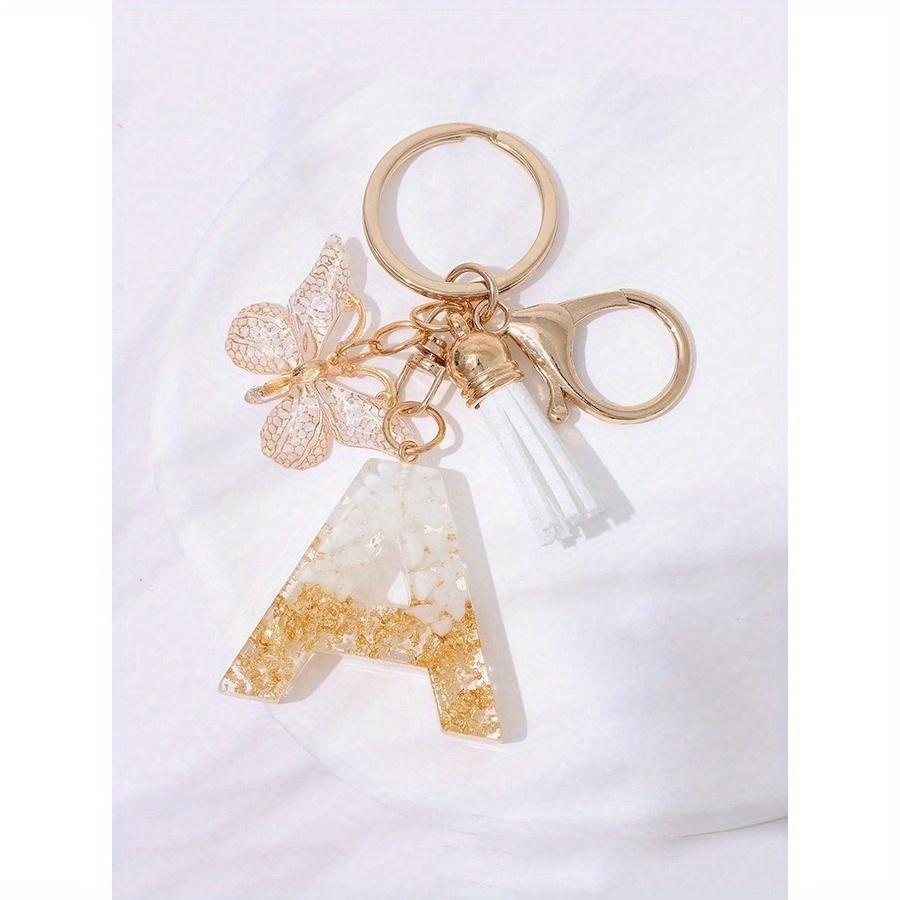 Cute Initial Letter Keyrings White Keychen, Capital Alphabet Gold Foil Resin Keychain Charm with Butterfly Tassel Pendant, Thanksgiving