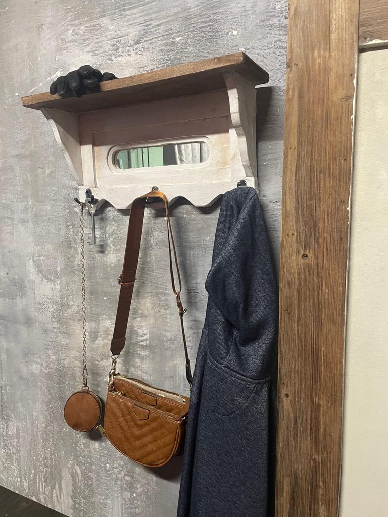 Charming wooden aged white coat rack with three hooks and a mirror