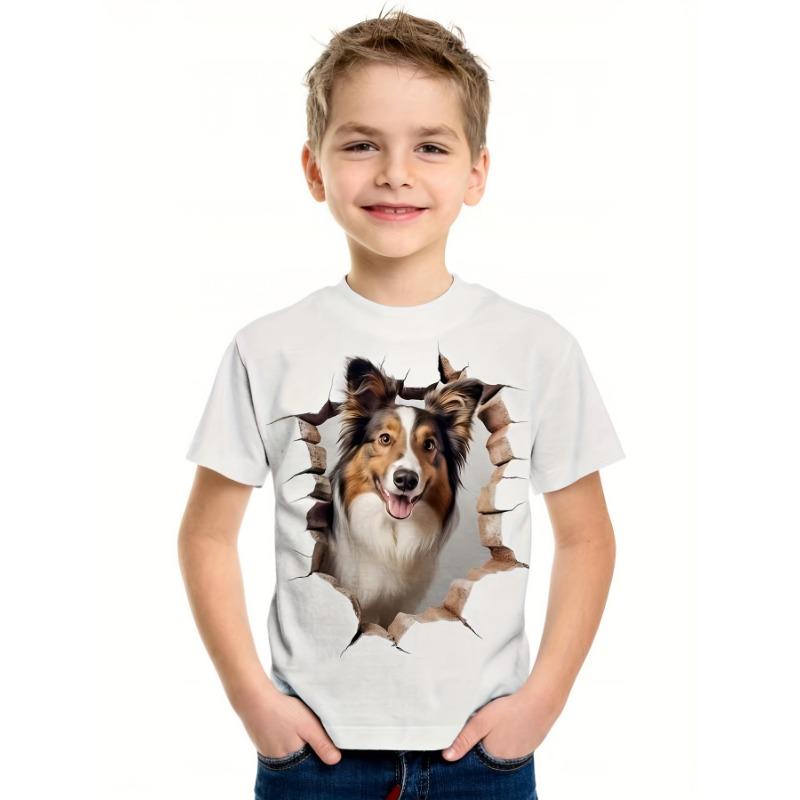 Детская одежда Футболка для мальчиков с коротким рукавом и принтом 3D-собаки Детская летняя одежда Креативная стильная уличная одежда с круглым вырезом Одежда для девочек