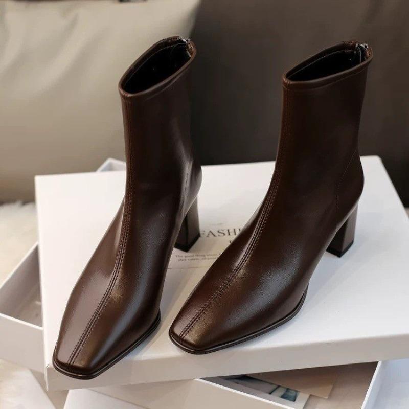 Fashion 2024 Spring and Autumn New Fashionable Square Head Solid Color Women's Short Bare Boots Comfortable Single Boots for Women
