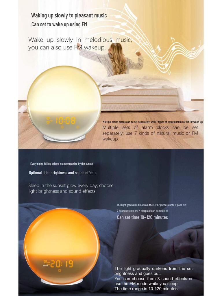 Smart Wake-Up Light: Sunrise Simulation LED Alarm Clock with Colorful Atmosphere, White Noise, and Children's Bedside Lamp.