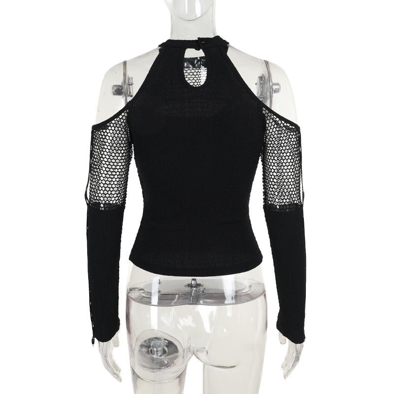 AltGoth Mall Gothic Sexy T-shirt Women Streetwear Harajuku Y2k E-girl Mesh Patchwork Hollow Out Long Sleeve Halter Crop Tee Tops
