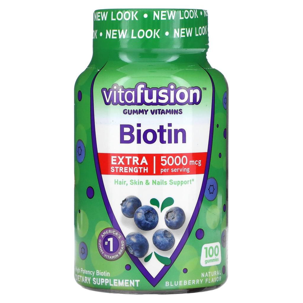 VitaFusion, биотин, повышенной крепости, натуральная черника, 5000 мкг, 100 жевательных конфет (2500 мкг в одной жевательной резинке)