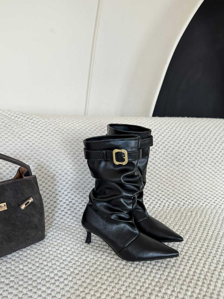 Retro pointed pile boots women's new brown stiletto belt buckle mid boots
