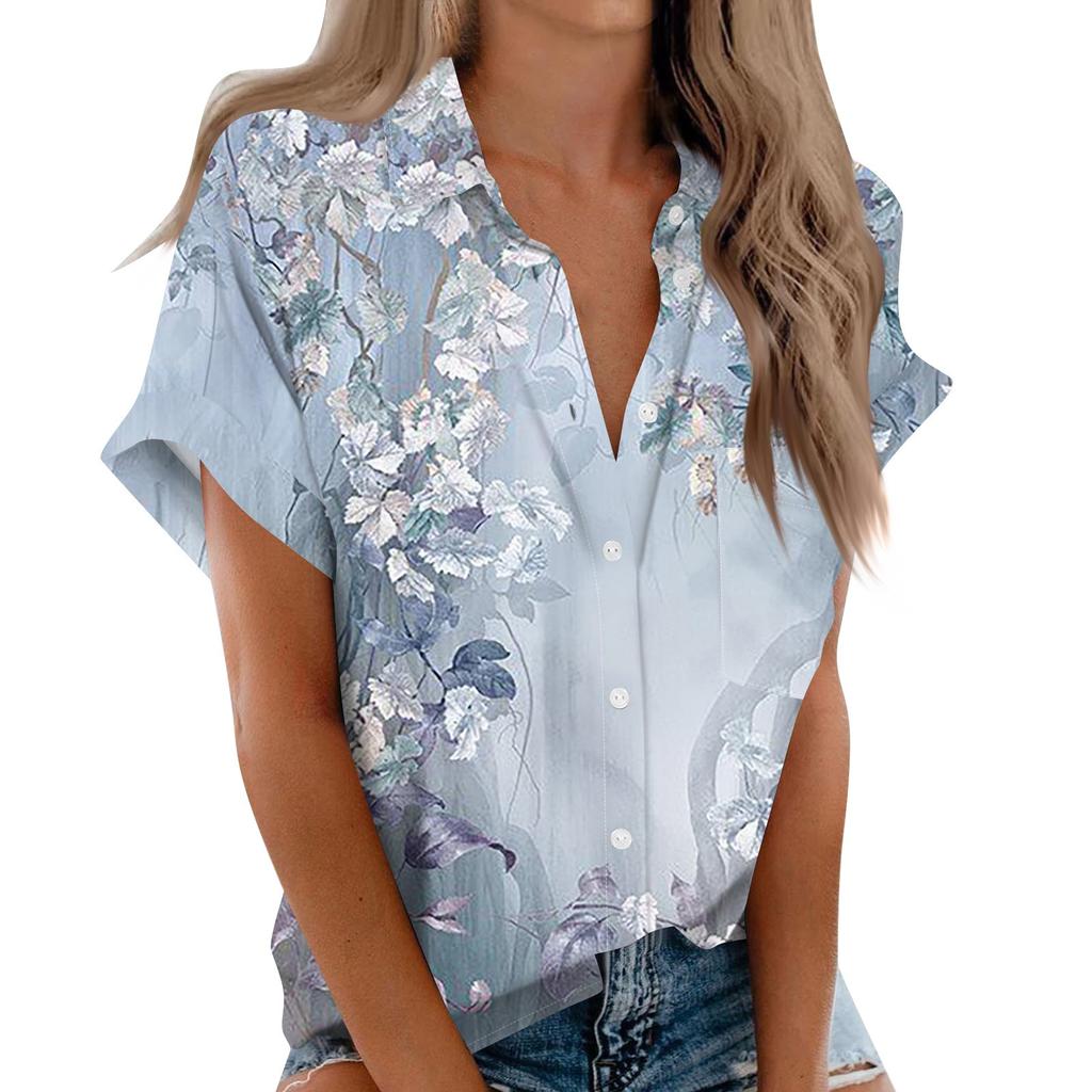 Women's Short Sleeved Shirt, Daily Fashion Printed Button Top, Chest Pocket Cardigan