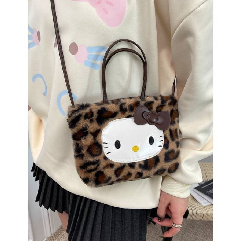 Hello Kitty Cartoon Plush Shoulder Bag With Spotted Pattern For Casual Outfits