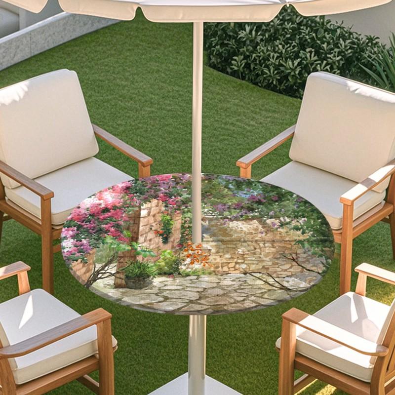 Outdoor Round Table Cover With Floral Print Oil Painting Style Waterproof Elastic Edge Patio Garden