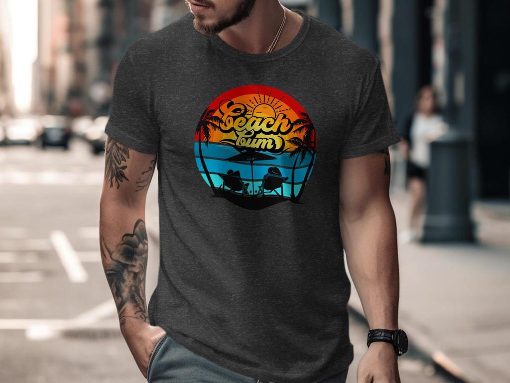 Beach Bum Retro Sunset T-Shirt | Tropical Vacation Palm Tree Graphic Tee