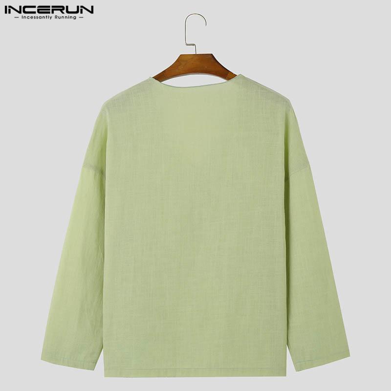 INCERUN Men Spring V Neck Long Sleeve Shirts Casual Loose Tops