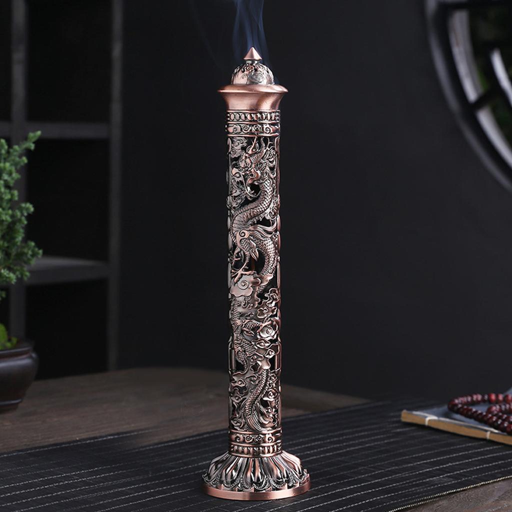 Антикварная старинная медная вертикальная благовонная палочка для горелки с вырезанным драконом фениксом из металла, башней, улавливателем пепла, курильницей
