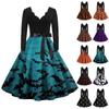 Women's Vintage Classic Dress Long Sleeve Halloween Print V-neck Swing Dress