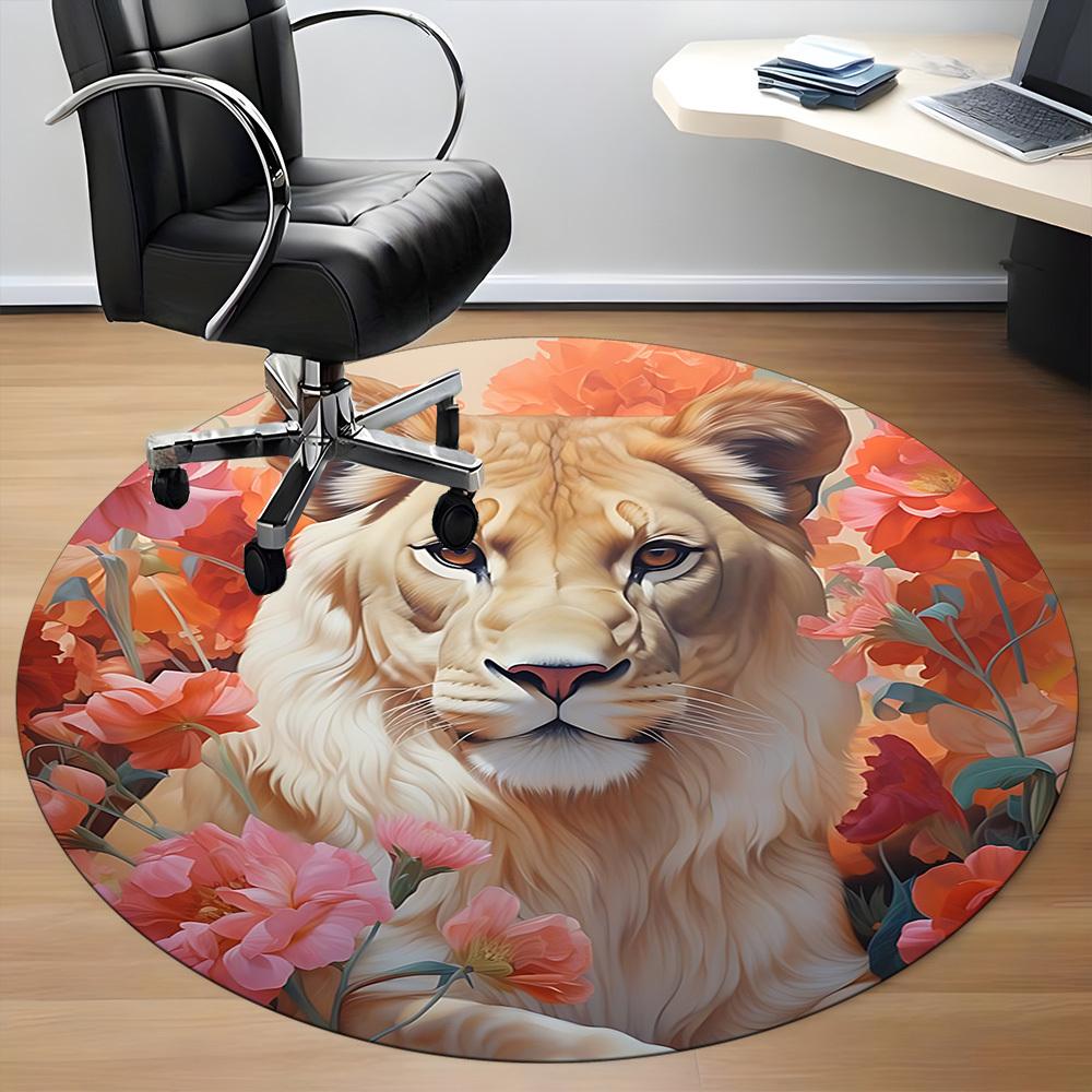 1pc Lion Floral Print Carpet for Office Non-Slip, Round Carpet, Soft & Comfortable, Carpet for Office, Lightweight Round Floor Mat