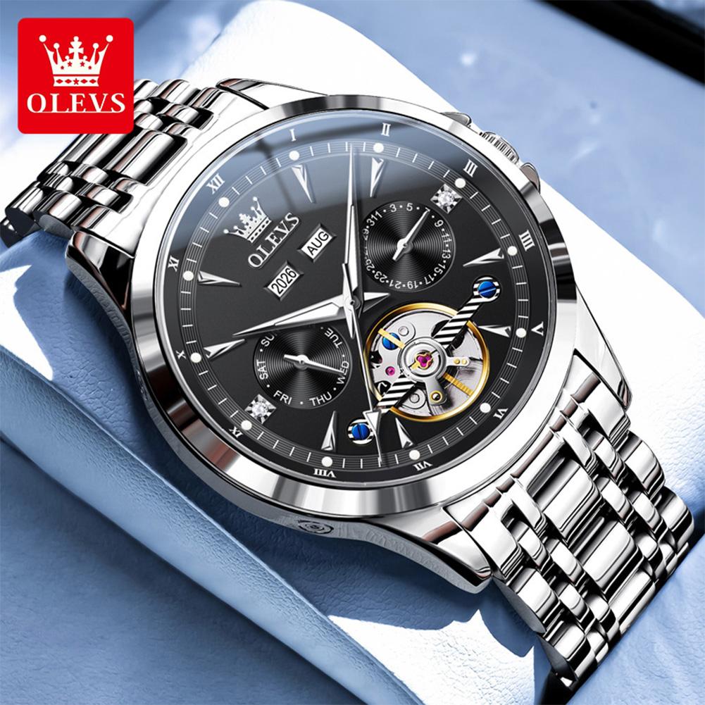 OLEVS Automatic Man Watch Skeleton Flywheel Luxury Original Mechanical Wristwatch Waterproof Stainless Steel Men's Watches 7091