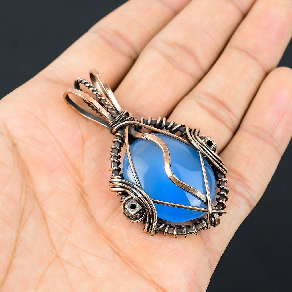 Подвеска из халцедона, обернутая медной проволокой 999 пробы, Ювелирное изделие с подвеской из драгоценного камня ручной работы, Подарки для жены, Совершенно новая подвеска