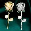 Elegant Rose Flower Shape Brooch Rhinestones Inlaid Faux Pearl Pin Bouquet Suit Lapel Badge Women Wedding Coat Accessories