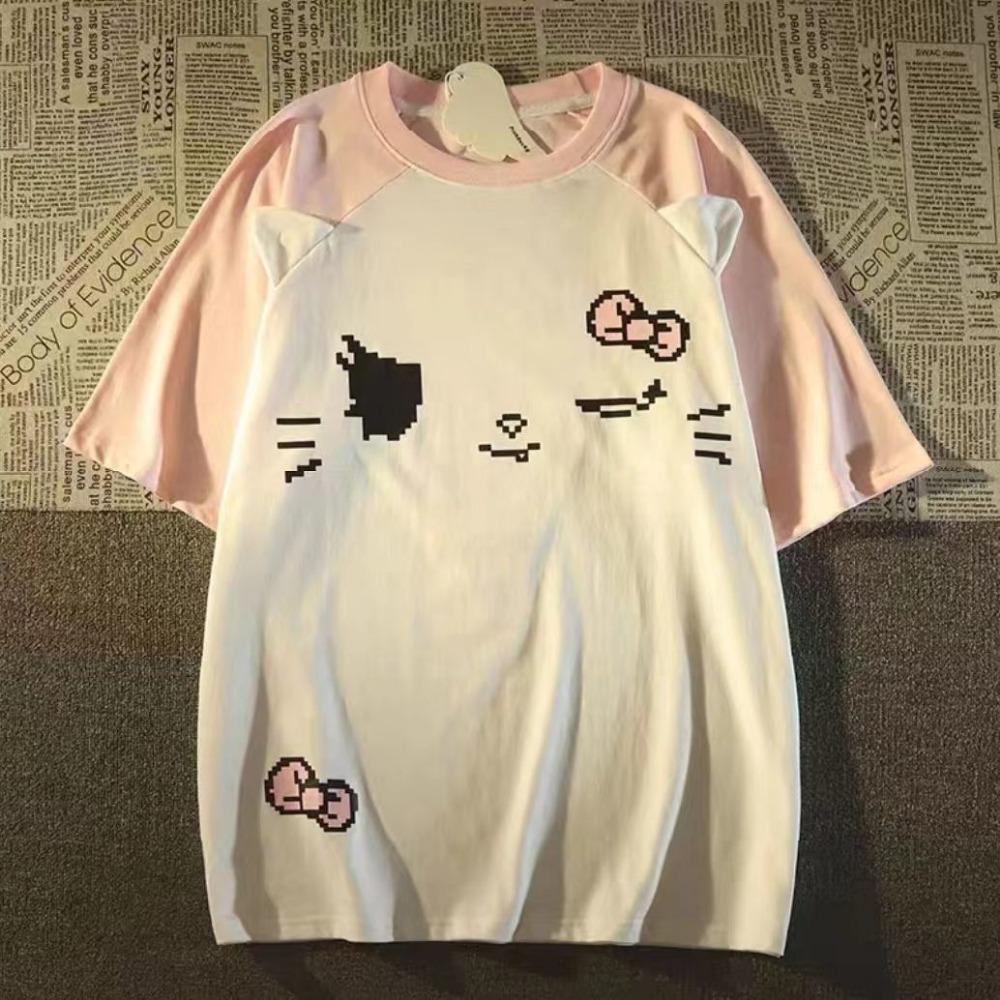 Футболка контрастного цвета Y2k Aesthetic Harajuku Vintage Skull Tops Women Kawaii Print Casual Loose Fairy Grunge Streetwear Tops