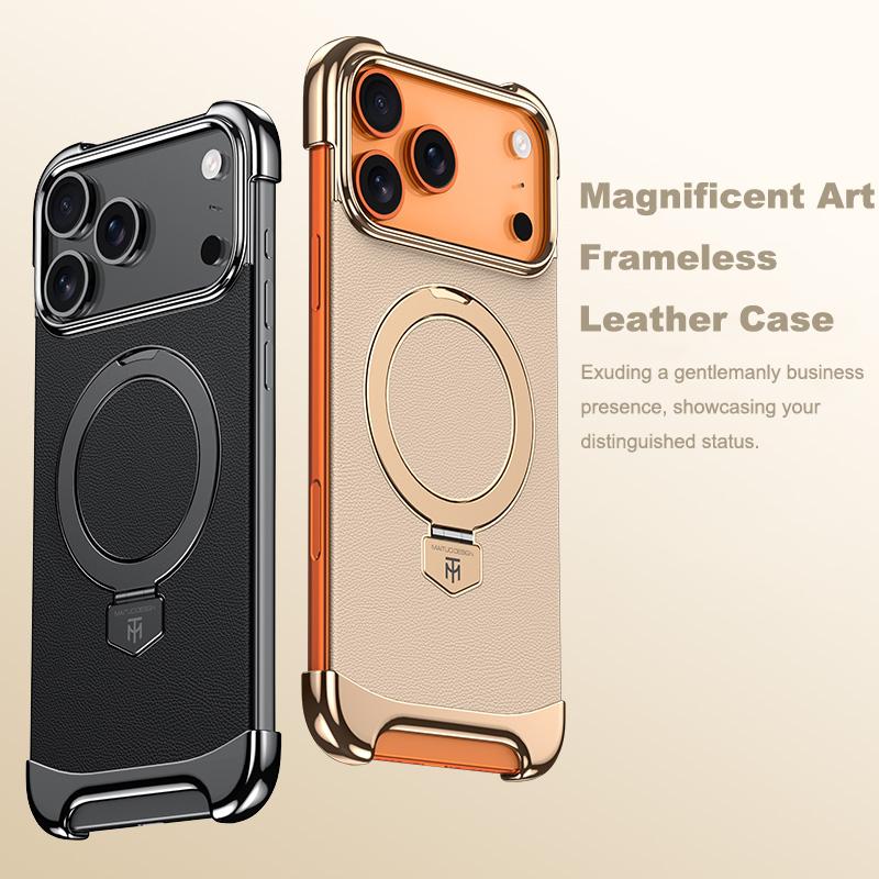 Роскошный кожаный ультратонкий безрамочный магнитный чехол для iPhone 17 16 15 14 13 Pro Max 17Air 17Pro Металлический кронштейн Противоударный бампер