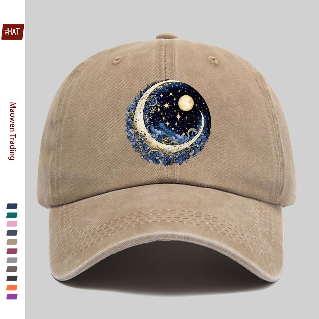 pc Mysterious IronOn Patch Cosmic Night Sky Design Print Baseball Cap with Stars Swirling Clouds And Crescent Pattern Fash