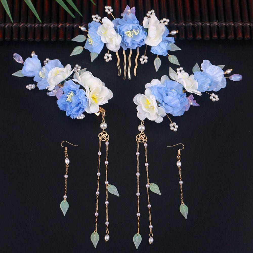 Earring Hanfu Hair Stick Pearl Flower Hair Comb Chinese Style Hairpin Set  Hairstyle Design Tool