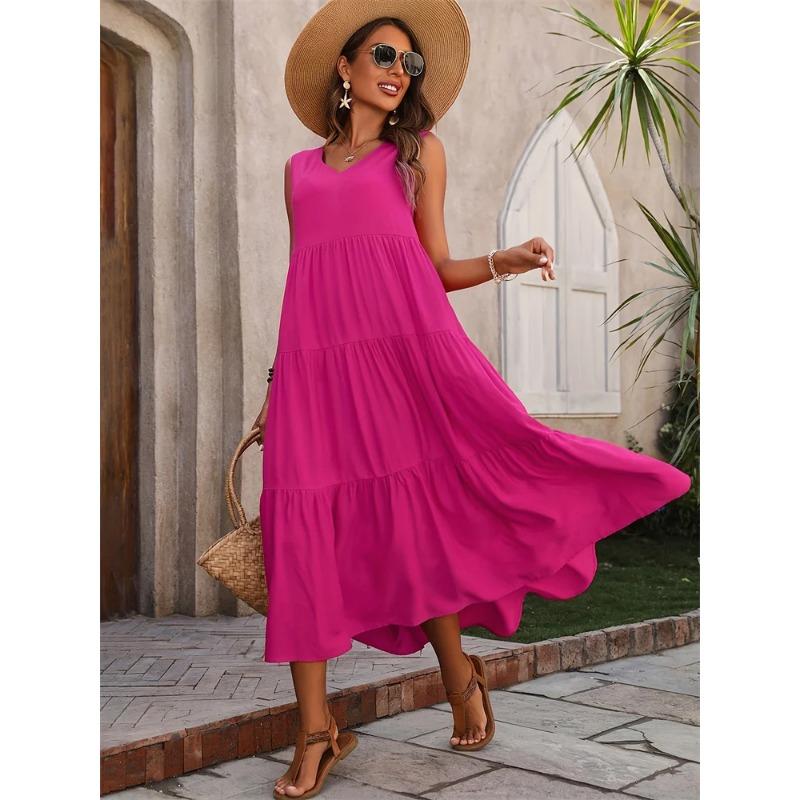 2025 Women Dress Summer Casual Vacation Holiday Beach Long Dresses V-neck Loose Elegant Yellow Black RUFFLES Dress Femme