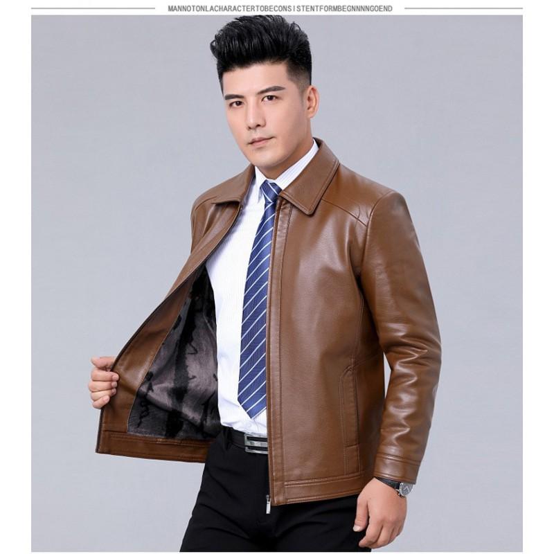 Mens Faux Leather Jacket Stand Collar Zip-Up Warm Thick Winter Business Casual Outerwear