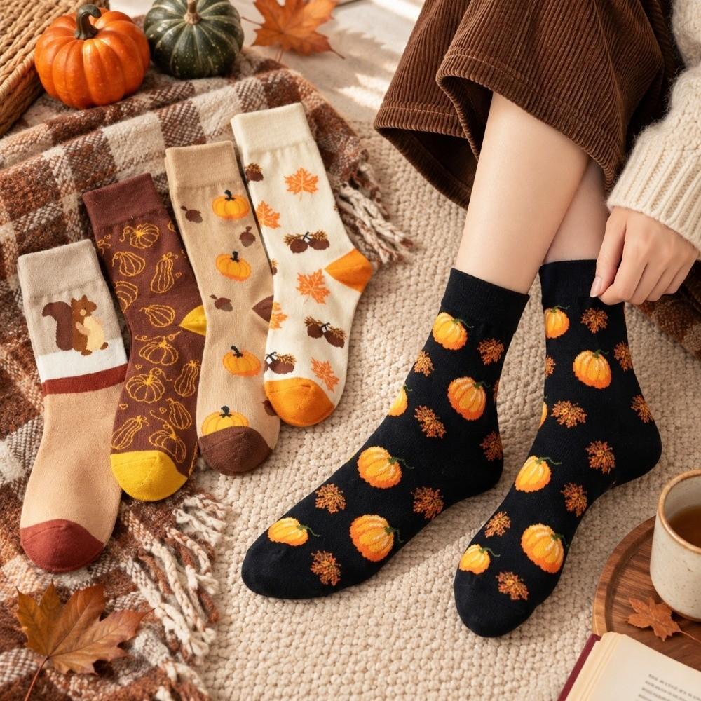 2 Pairs Soft Warm Mid-calf Socks Pumpkin Pattern Women's Stockings New Autumn Socks  Fall Costume