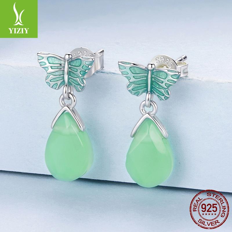 Small Fresh Green Butterfly Stud Earrings Female Smart Natural Wind S925 Sterling Silver Stud Earrings