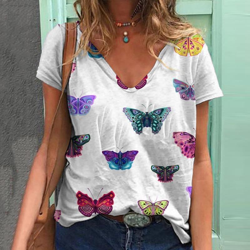 Летняя женская рубашка с V-образным вырезом и принтом в виде бабочки, свободная повседневная рубашка с короткими рукавами, футболки женские