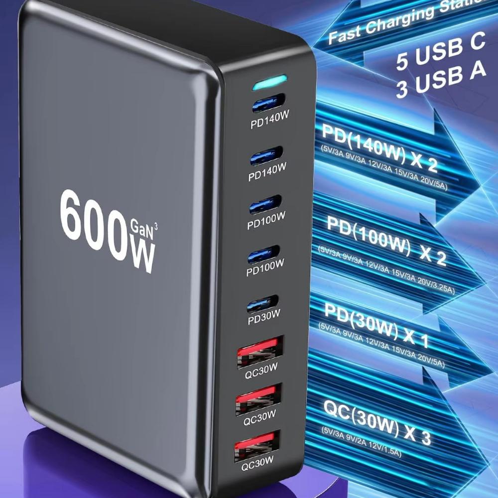 600 Вт GaN Супербыстрая зарядная станция 5C3A Одновременная зарядка 8 устройств для ноутбука, телефона, умных часов, наушников OTP OVP