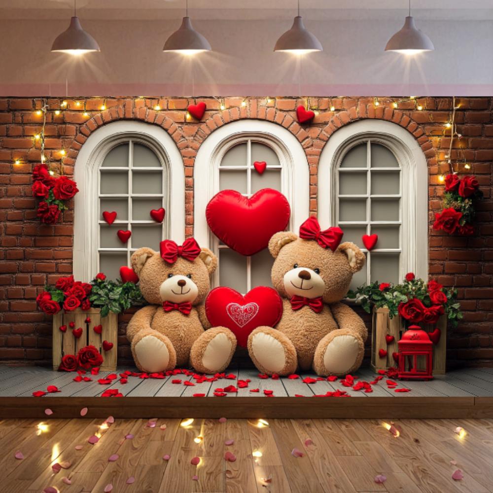 Valentines Day Banner Bear Rose Flower Love Heart Backdrop Party Decoration Valentine's Day Indoor Outdoor Photo Prop Su