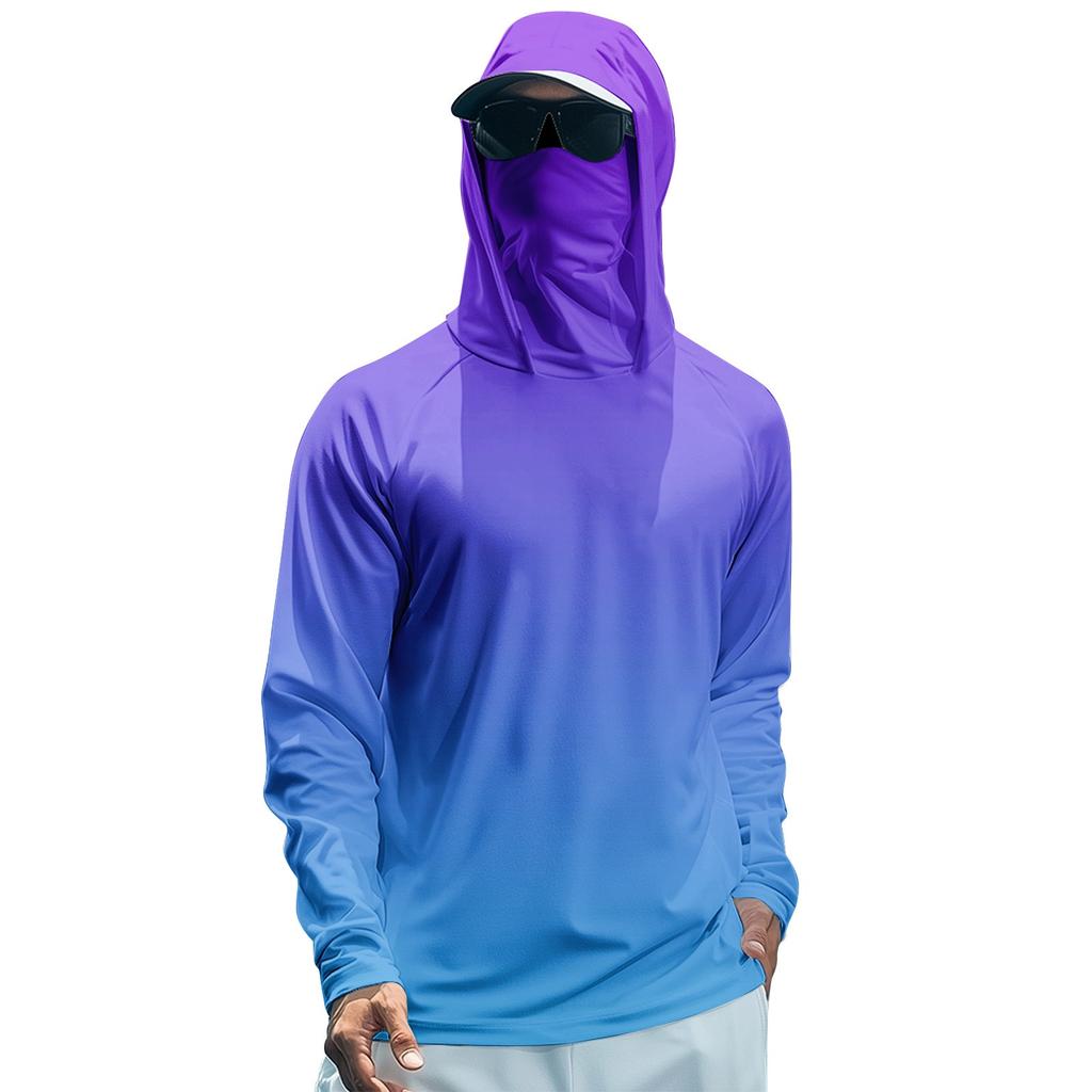 Men's Summer Gradient Color Quick-drying Long-sleeved T-shirt Sun Clothing Fishing Fitness Sports Hooded Long-sleeved Top