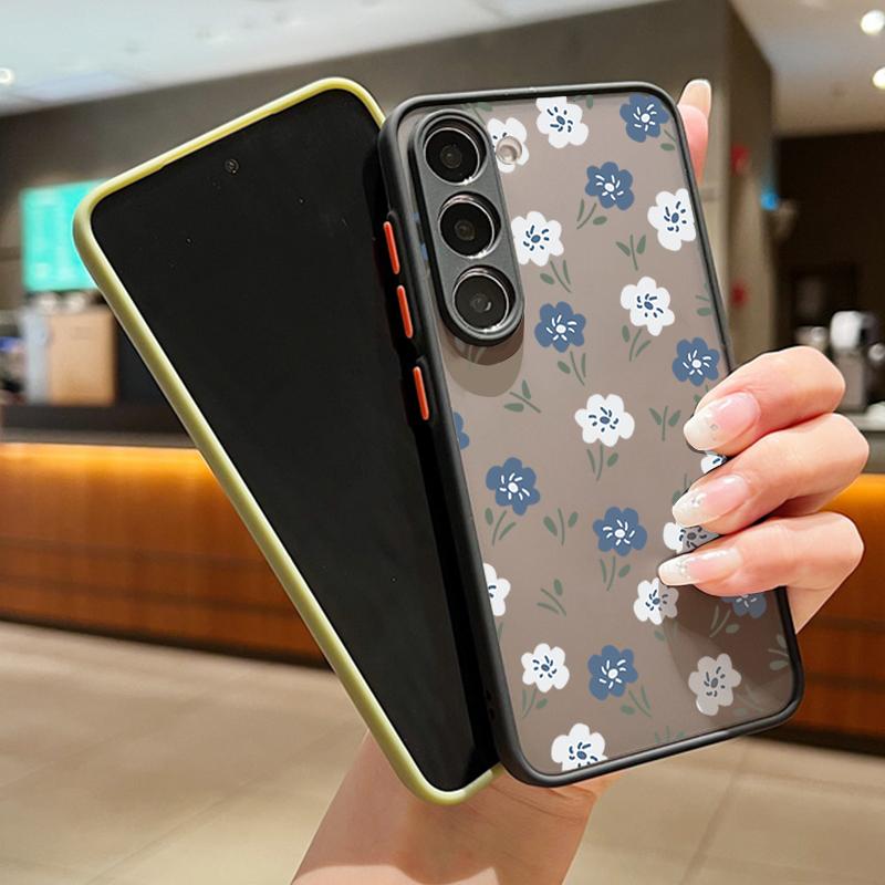 Акриловый жесткий синий цветочный узор матовый чехол для Samsung S25 Ultra S24 Fe S23 S22 A16 A15 A56 A55 A35 ударопрочный прозрачный защитный чехол для линз с мягкими краями