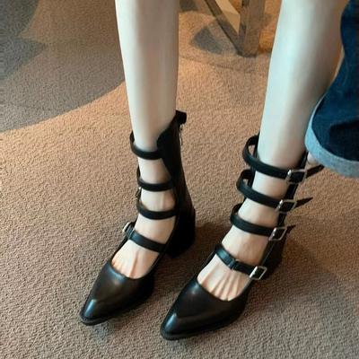 Модная обувь с римской пряжкой на остром каблуке, женские весенние новые крутые ботинки, женские ретро полые сапоги до середины икры