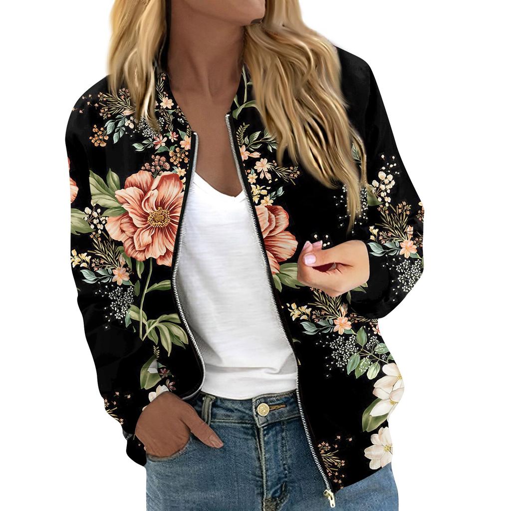 Женская модная повседневная куртка на молнии с длинным рукавом с принтом и круглым вырезом