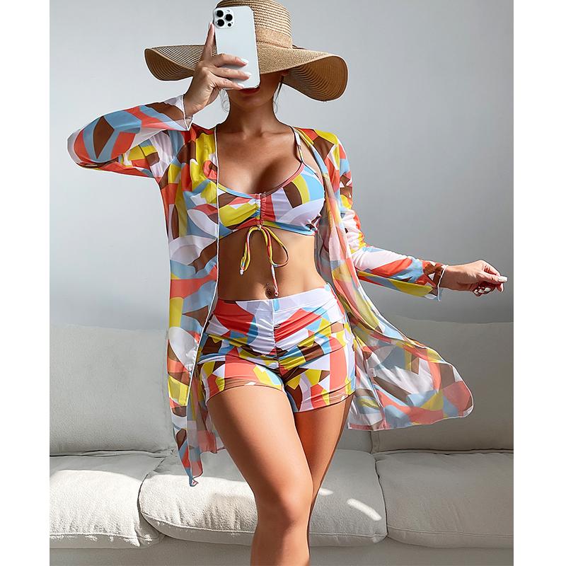 Women Swimsuit High Waist Bikini Set Three Pieces Women Sexy Long Sleeve Cover Up Swimsuit Beach Bathing Suits Swimwear