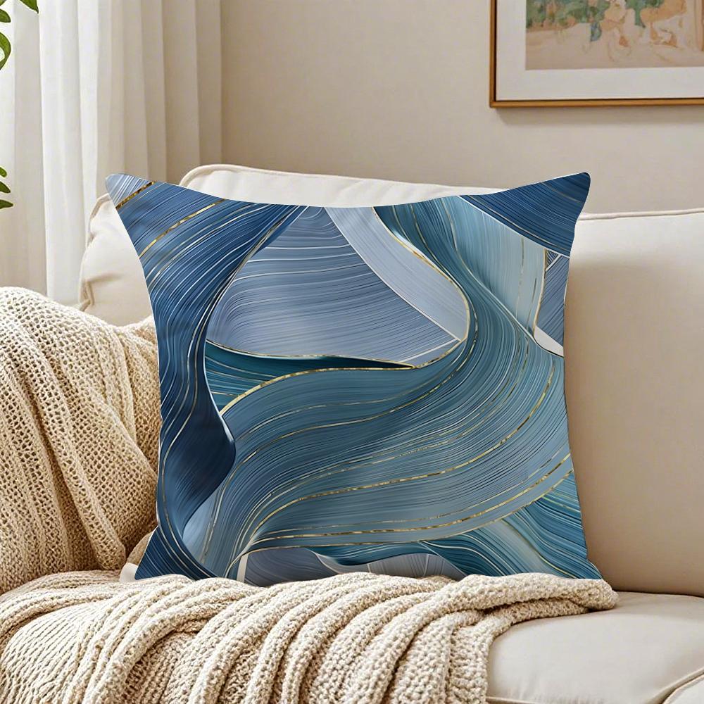 Blue Gold Wave-Shaped Pattern Pillow Case Double-Sided Plush Sofa Cushion Covers Organic Breathable Invisible Zipper