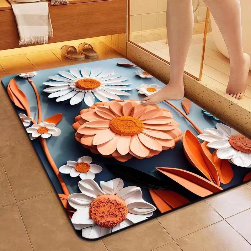 Трехмерный коврик для пола с цветами, коврик для ванной из диатомовой грязи, нескользящий, грязеотталкивающий и быстросохнущий коврик для пола, бытовой ковер для поглощения воды