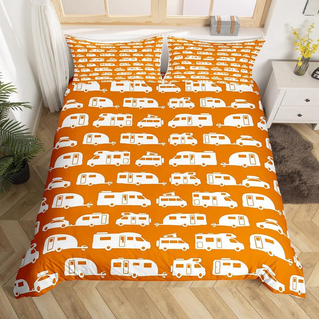 Camping Duvet Cover Lodge Cabin Camp Travel Car Bedding Set,Happy Glamping Trailer Comforter Cover Queen,Vintage Farmhouse Decor