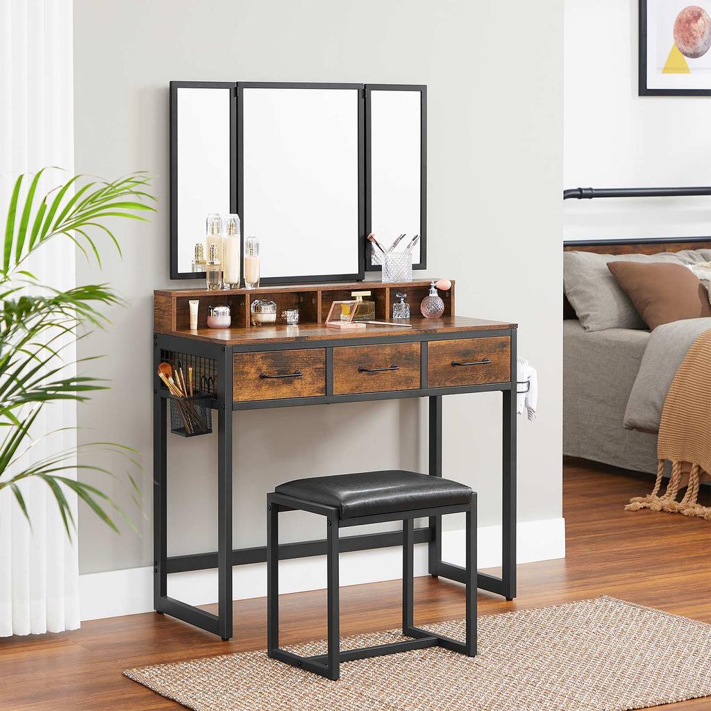 VASAGLE Dressing Table, Rustic Brown and Black