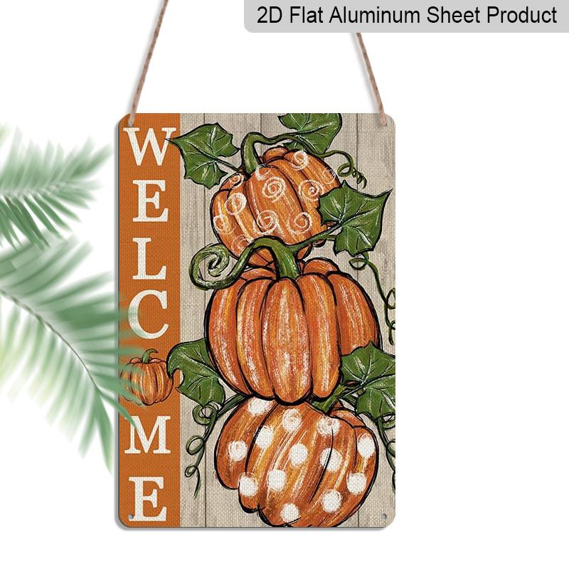 Двумерный Плоский Металлический Знак 'Добро Пожаловать' с Тыквами в Горошек, Осенняя Фермерская Стиль - 8.0x12.0 дюймов Алюминиевая Настенная Декорация, Рустикальный Осенний Урожай, Декор для Переднего Крыльца, Предварительно Просверленный
