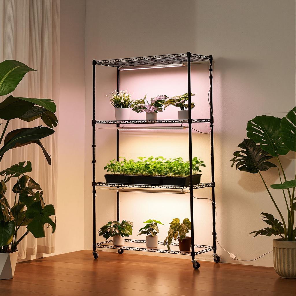 VEVOR Plant Shelf with Grow Light, 4-Tier Indoor Plant Stand, 150 cm Tall Plants Display Rack with Wheels, 90W 3-Color Full Spectrum Grow Lights