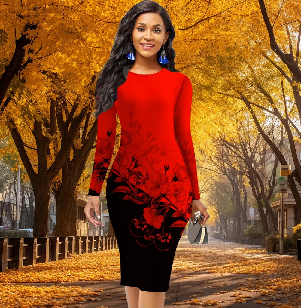 Long Sleeve Waist Tight Office Slim Fit Color Blocking Peach Blossom Printing Elegant Bodycon Dress