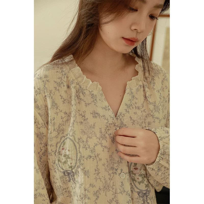 11 years old new cotton crepe with chest pad loungewear V-neck long-sleeved flower printing loose and comfortable set